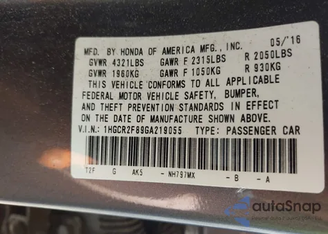 2016 Honda Accord Ex-L из США, поврежденный, VIN 1HGCR2F89GA219055